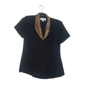 Vintage 90s Danny & Nicole Womens Black Leopard Print Sheer Blouse Size 8 Office